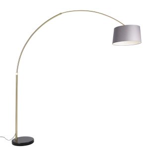 Arc Lamp Brass with Marble and Grey Fabric Lampshade 45 cm - XXL