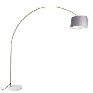 Arc Lamp Brass with Marble Fabric Lampshade Grey 45 cm - XXL