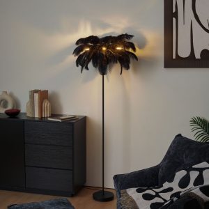 Art Deco Floor Lamp Black with Black Feathers - Peahen