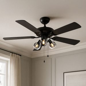 Ceiling Fan Black with Wood Print 107.5cm 3-Lights with Pull Switch - Mistral Vidro