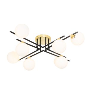 Ceiling Light Black with Gold and Opal Glass 8-Light - Lynn