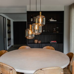 Design Hanging Lamp Black with Brass and Amber Glass 3-Light - Zuzanna