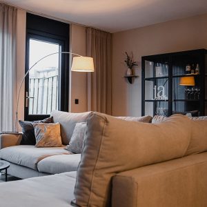 Modern Arc Lamp Steel with Grey Fabric Lampshade - Arc Basic