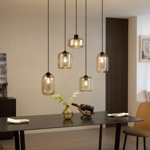 Modern Pendant Lamp Black with Amber Glass 5-Lights - Sheena