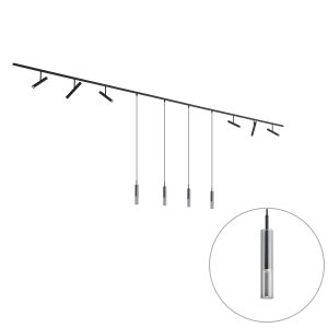 Modern railsysteem zwart met 6 spots en 4 hanglampen zwart 1-fase - Slimline Avery Loyce