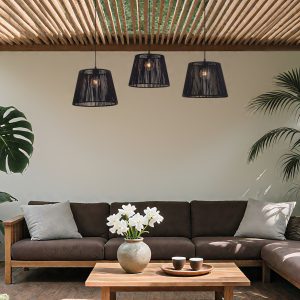 Outdoor Pendant Light Black with Black Rope Shade 3-Light IP44 - Cava Jayla