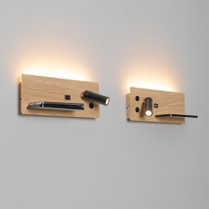 Set of 2 Wall Light Black with Wood Incl. LED with USB and Inductive Charger - Riza