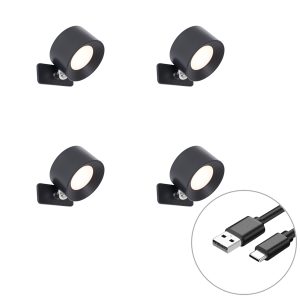 Set of 4 Modern Wall and Ceiling Lights Black Incl. LED Rechargeable - Bright