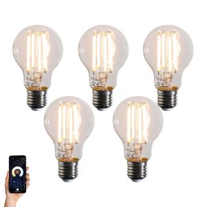Set of 5 Smart E27 Dimmable in Kelvin LED Bulbs A60 Clear 7W 806 lm 1800-3000K
