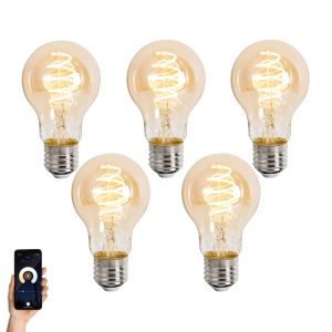 Set of 5 Smart E27 Dimmable LED Bulbs A60 Amber 4.9W 320lm 2500K