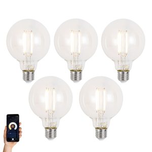 Set of 5 Smart E27 Dimmable LED Bulbs G95 Clear 7W 806lm 2700-6500K