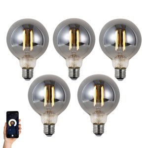 Set of 5 Smart E27 Dimmable LED Bulbs G95 Smoke 4.9W 150lm 1800K