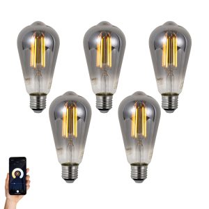 Set of 5 Smart E27 Dimmable LED Bulbs ST64 Smoke 4.9W 150lm 1800K