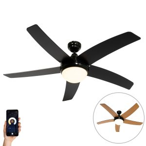 Smart Ceiling Fan Black with Wood Print 132cm incl. LED Dimmable with Remote Control - Cool