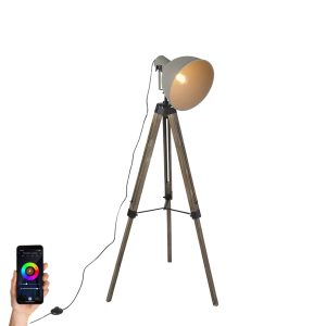 Smart Industrial Tripod Floor Lamp Wood with Grey Incl. WiFi A60 - Laos