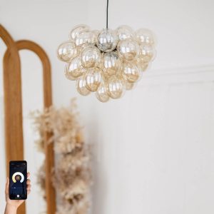Smart Pendant Lamp Black with Amber Glass Incl. 8 WiFi G9 - Uvas
