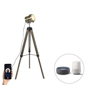 Smart Tripod Floor Lamp Wood with Studio Spotlight Incl. Wifi B35 - Braha